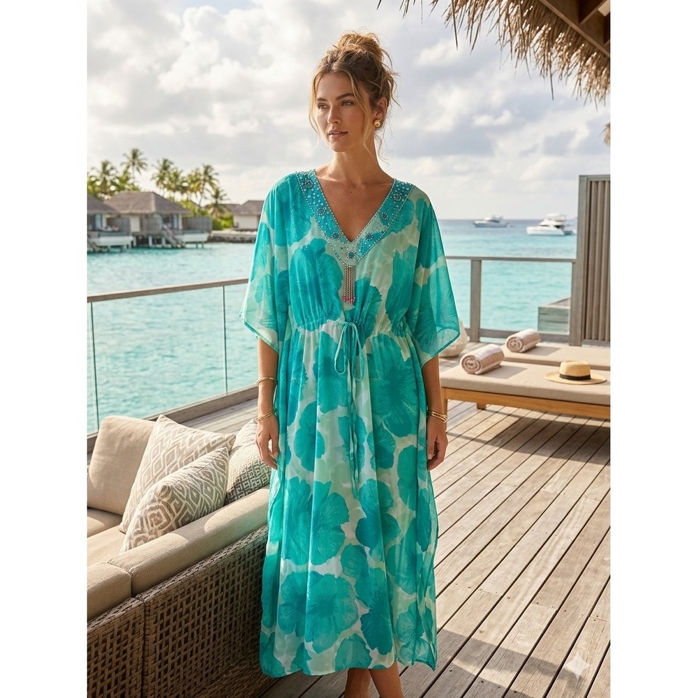 Durga Turquoise Floral Embellished Kaftan Maxi Dress Drawstring Waist One Size